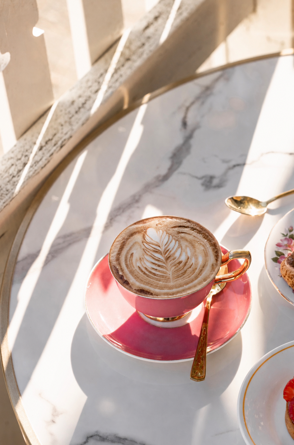 A pink and gold teacup of coffee with fern latte art on a sunlit marble bistro table at La Pâtisserie Cottage