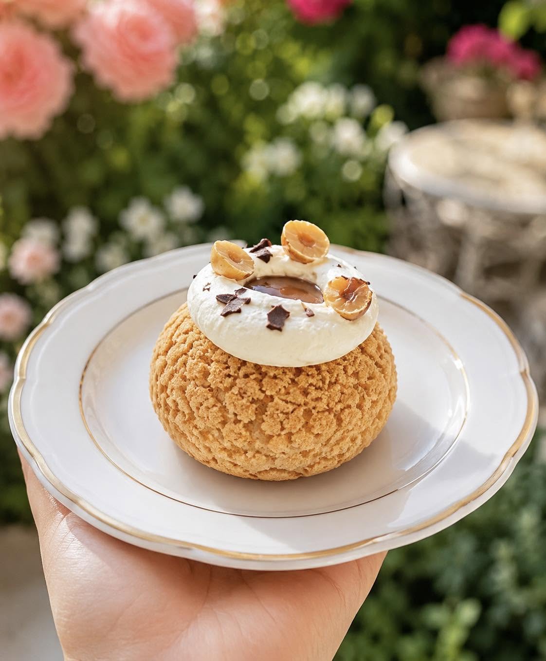 A praline choux bun topped with Chantilly cream, caramel and toasted hazelnuts, on a gold-rimmed plate
