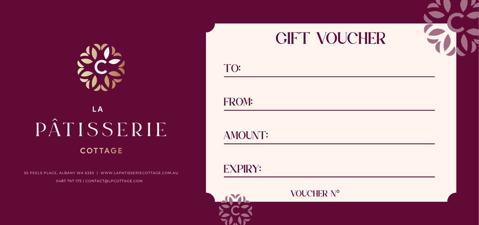 La Pâtisserie Cottage gift voucher in burgundy and cream, with the gold floral logo and fields for to, from, amount and expiry