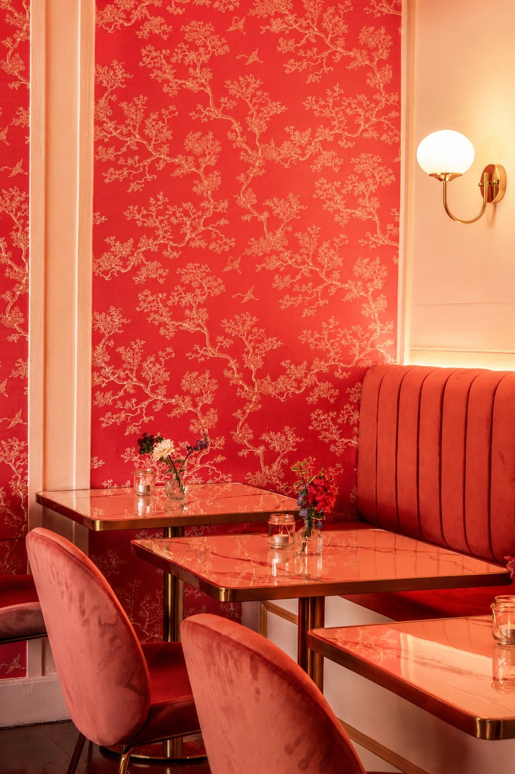 The red chinoiserie sitting room inside La Pâtisserie Cottage